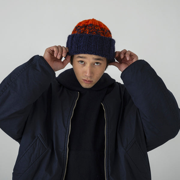 HAND KNIT FISHERMAN HAT - NAVY / ORANGE
