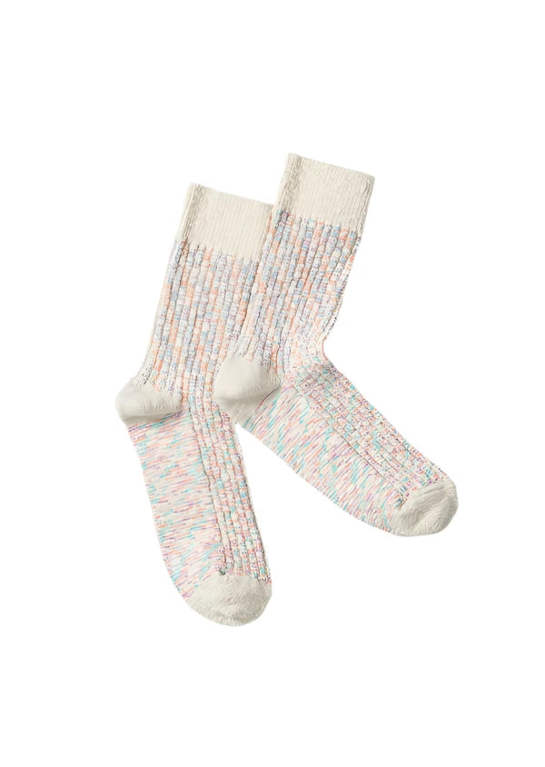 KASURI RIBBED CREW SOCKS - CORAL / BLUE