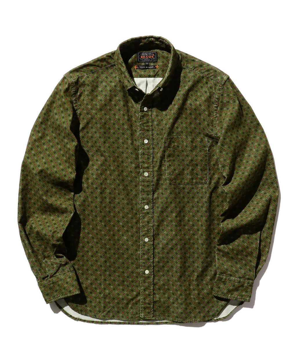 BEAMS PLUS FINE PRINT CORDUROY BUTTON DOWN SHIRT- GREEN