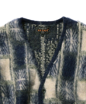 BEAMS PLUS CHECK PATTERN JACQUARD MOHAIR CARDIGAN - NAVY