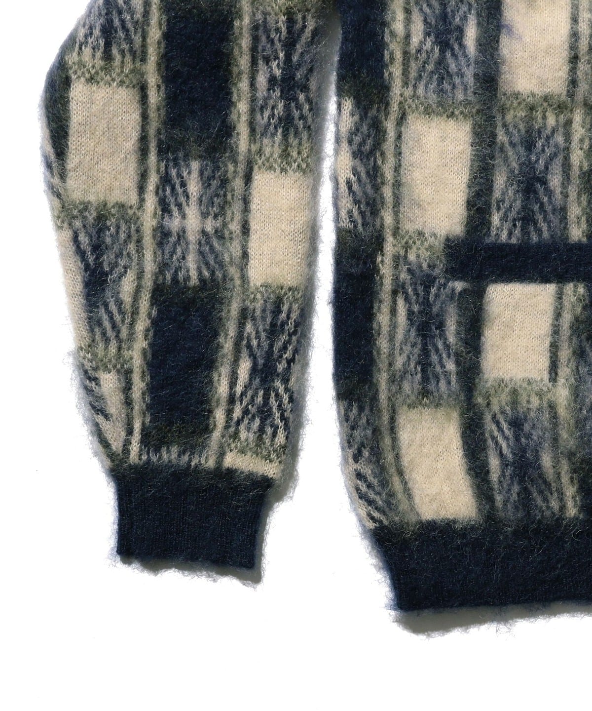 BEAMS PLUS CHECK PATTERN JACQUARD MOHAIR CARDIGAN - NAVY