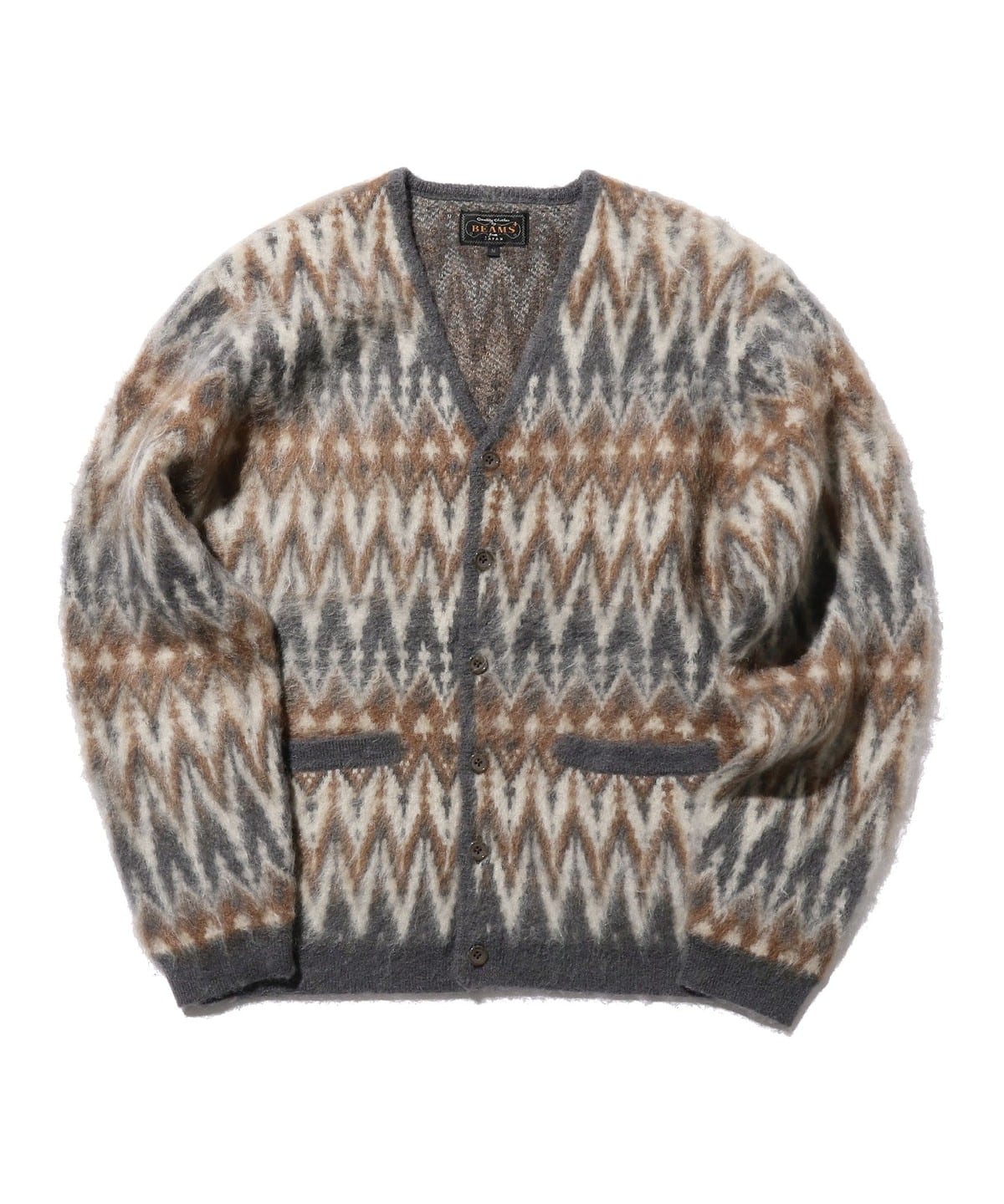 BEAMS PLUS CARDIGAN CHEVRON PATTERN JACQUARD MOHAIR - GREY