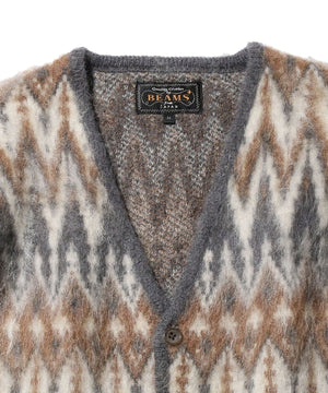 BEAMS PLUS CARDIGAN CHEVRON PATTERN JACQUARD MOHAIR - GREY