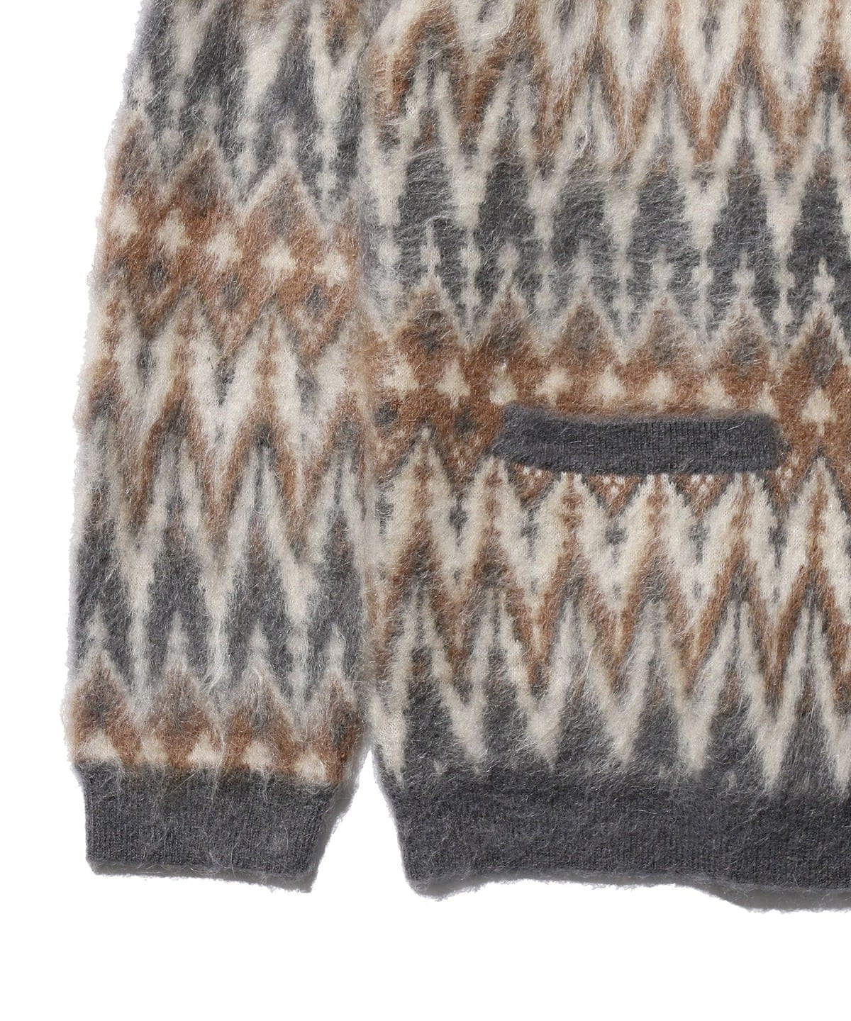 BEAMS PLUS CARDIGAN CHEVRON PATTERN JACQUARD MOHAIR - GREY