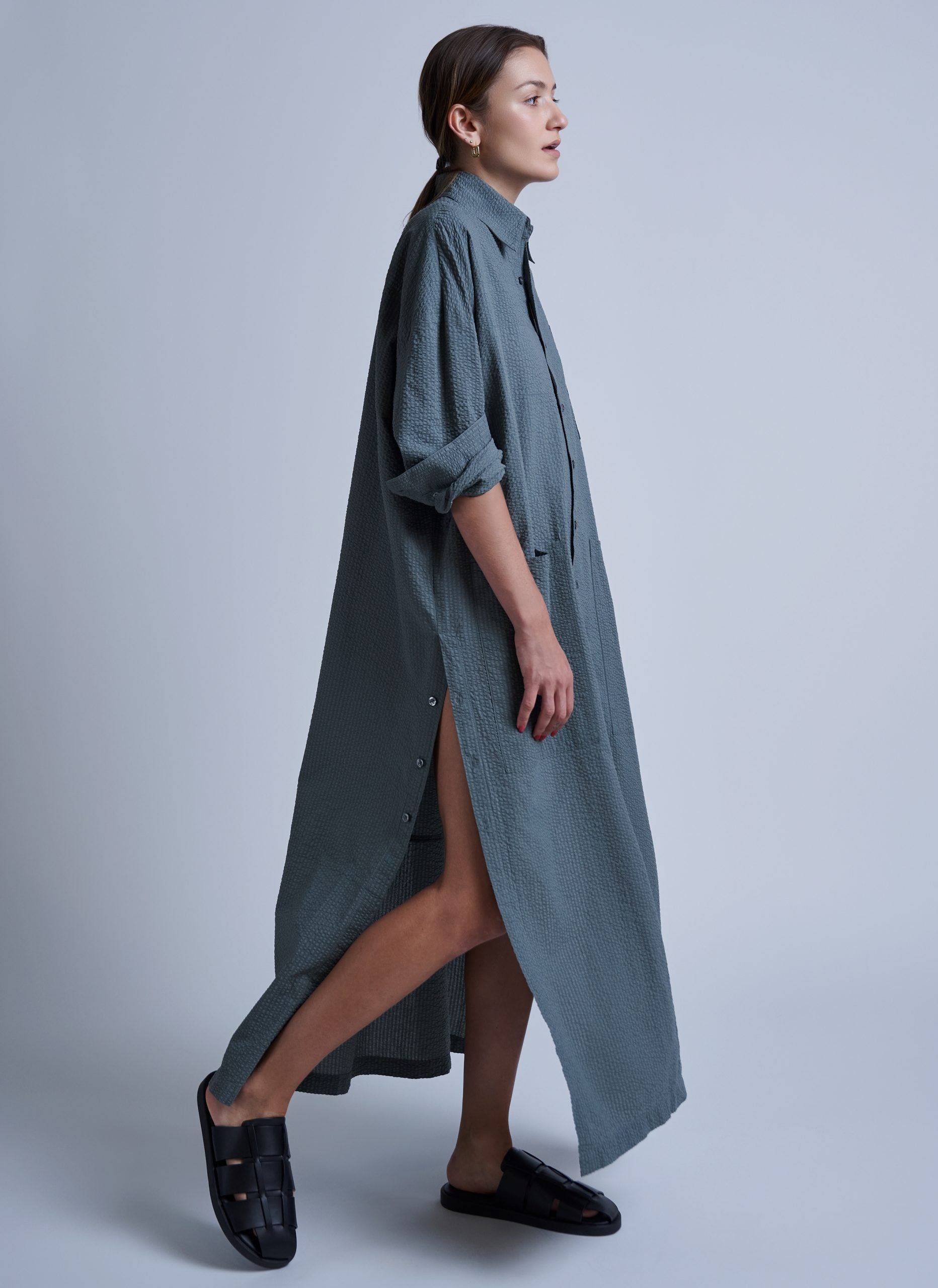 RELAXED KAFTAN SEERSUCKER SHIRT - SAGE GREY