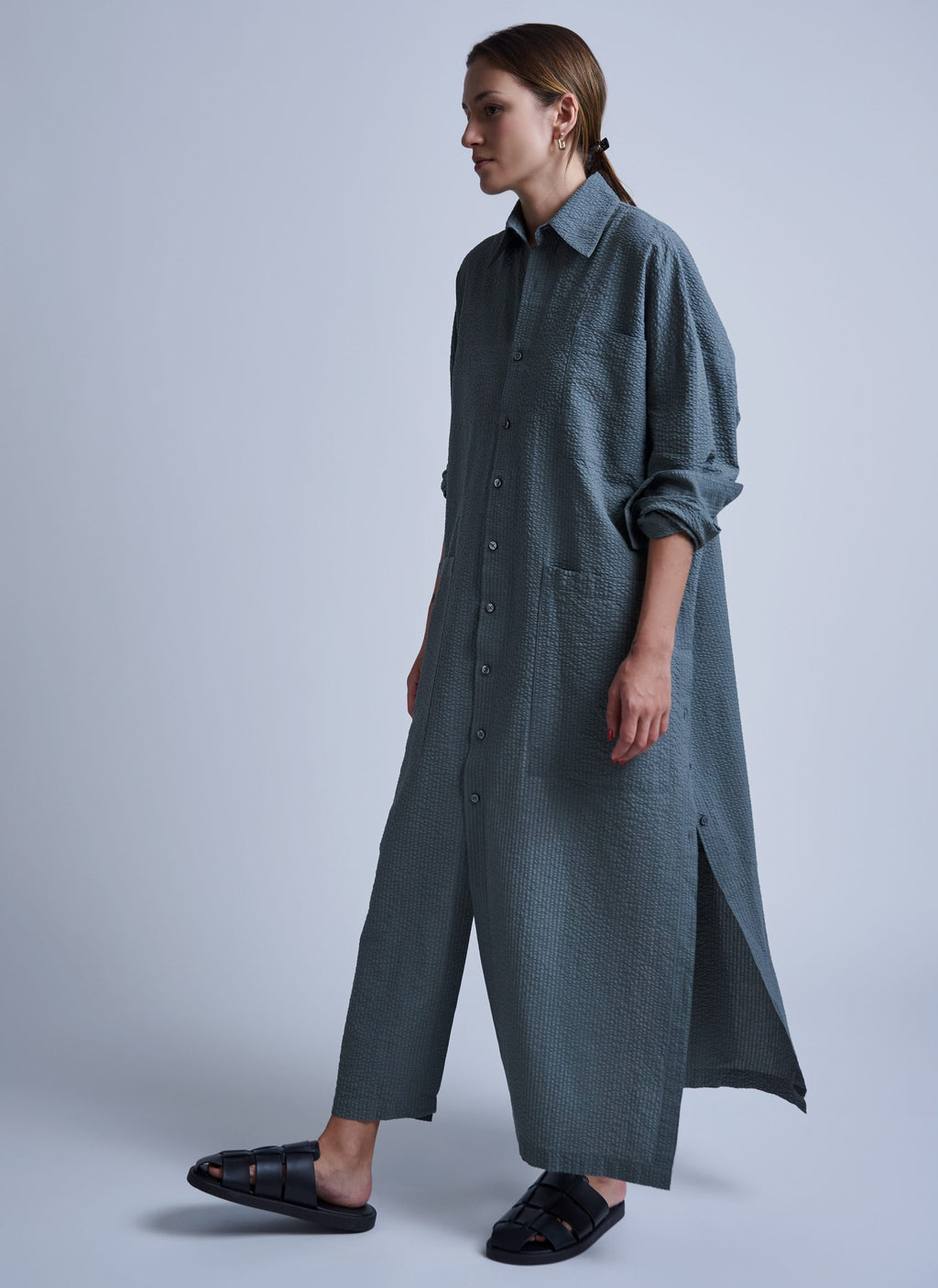 RELAXED KAFTAN SEERSUCKER SHIRT - SAGE GREY