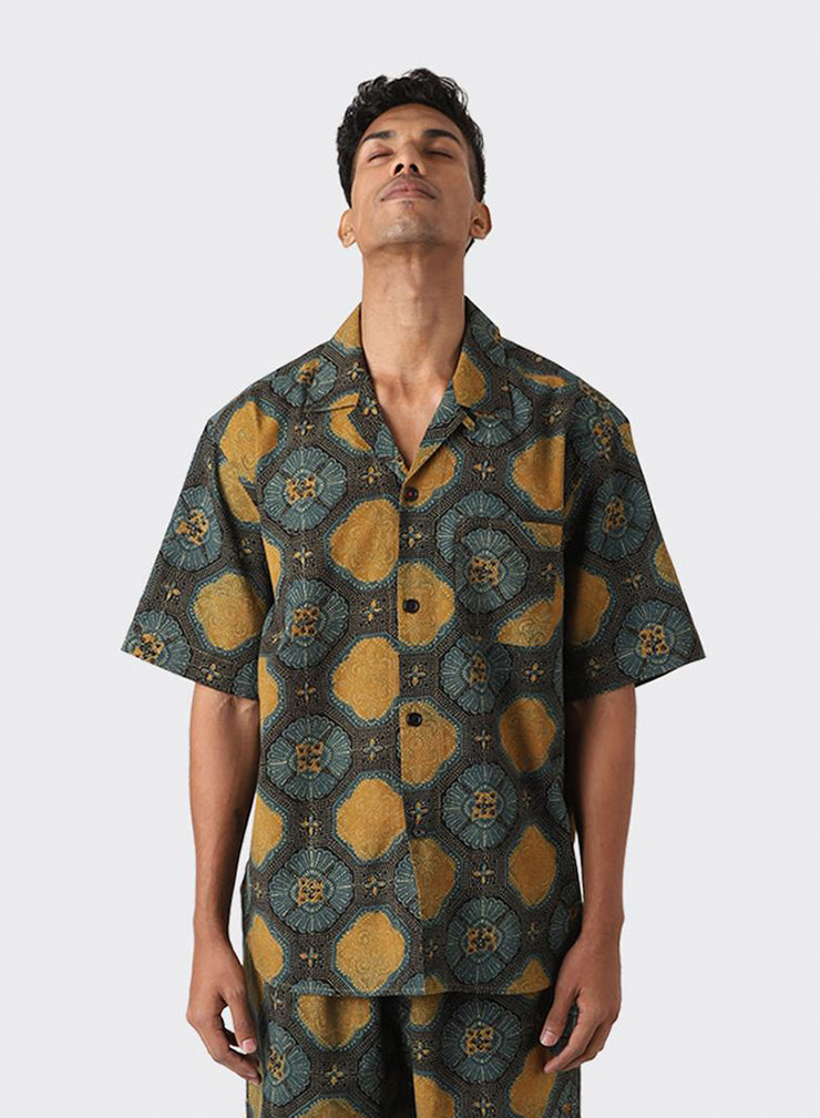 RONEN OVERSIZE CAMP COLLAR SHORT SLEEVE SHIRT - TEAL / GOLD / BLACK