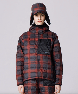 MOUNTAIN LIGHT DOWN HOODIE - BLACK / RED CHECK