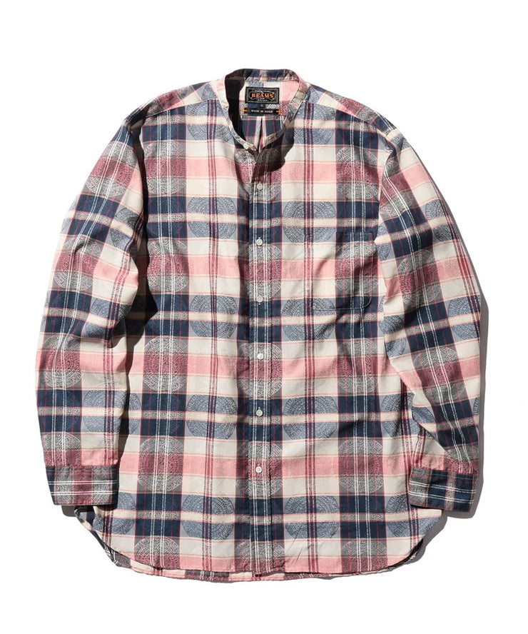 BEAMS PLUS BANDED COLLAR JACQUARD LONG SLEEVE SHIRT - NAVY