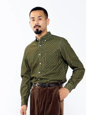 BEAMS PLUS FINE PRINT CORDUROY BUTTON DOWN SHIRT- GREEN