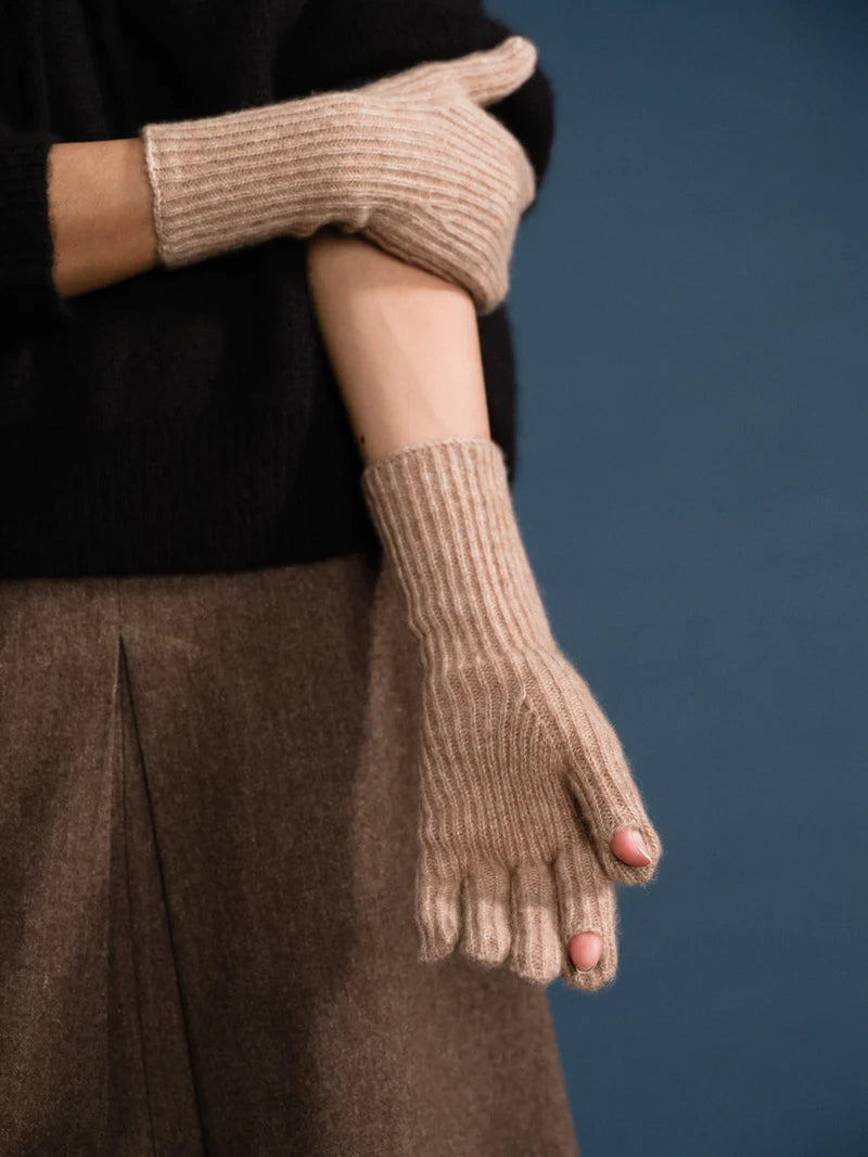CASHMERE RIBBED GLOVES - FAWN