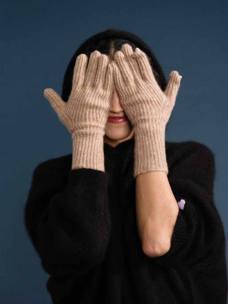 CASHMERE RIBBED GLOVES - FAWN