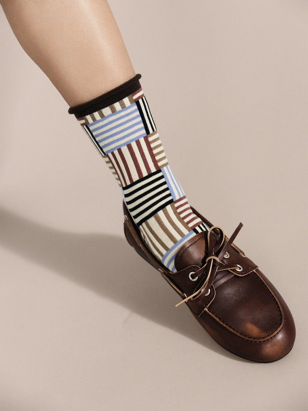 STRIPED TILE CREW SOCK - BROWN