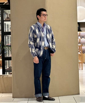 BEAMS PLUS CHECK PATTERN JACQUARD MOHAIR CARDIGAN - NAVY
