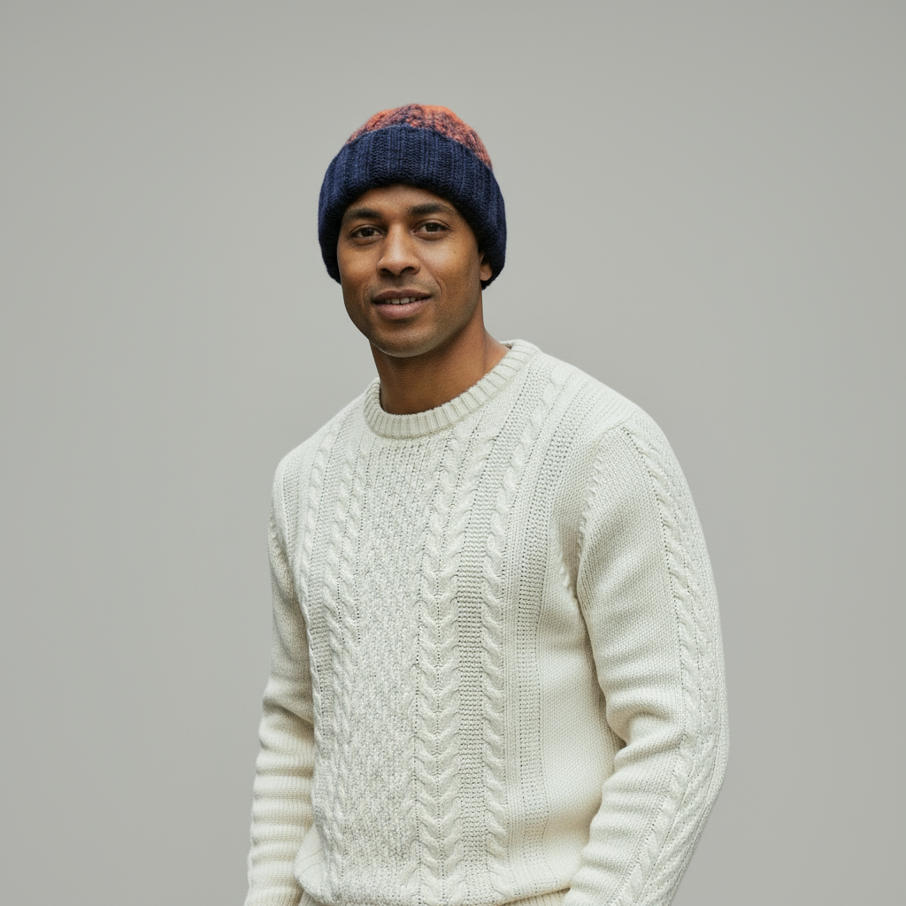 HAND KNIT FISHERMAN HAT - NAVY / ORANGE