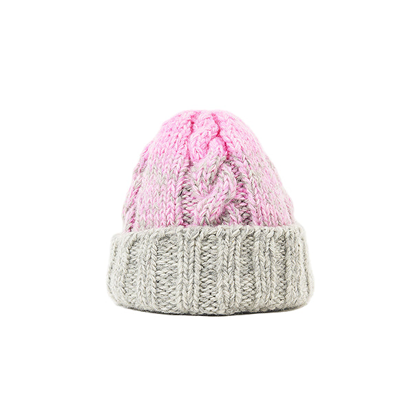 HAND KNIT FISHERMAN HAT - LIGHT GREY / PINK