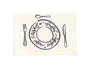 REVERSIBLE PLACEMATS  - NAVY STRIPE / EMBROIDERED PLACE SETTING - SET OF 4