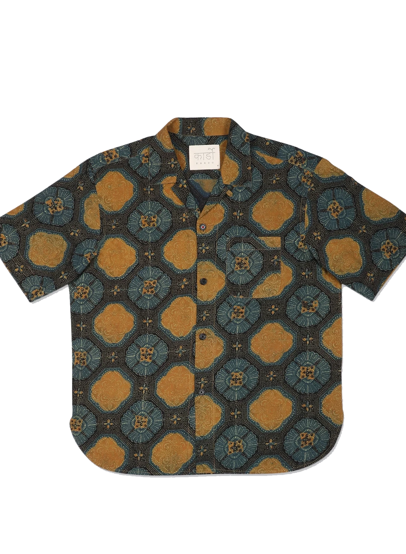 RONEN OVERSIZE CAMP COLLAR SHORT SLEEVE SHIRT - TEAL / GOLD / BLACK