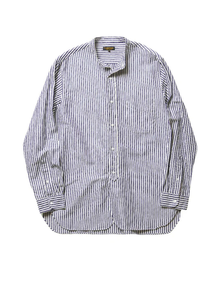 BANDED COLLAR SHIRT - NAVY STRIPE