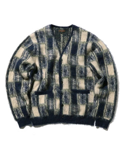 BEAMS PLUS CHECK PATTERN JACQUARD MOHAIR CARDIGAN - NAVY