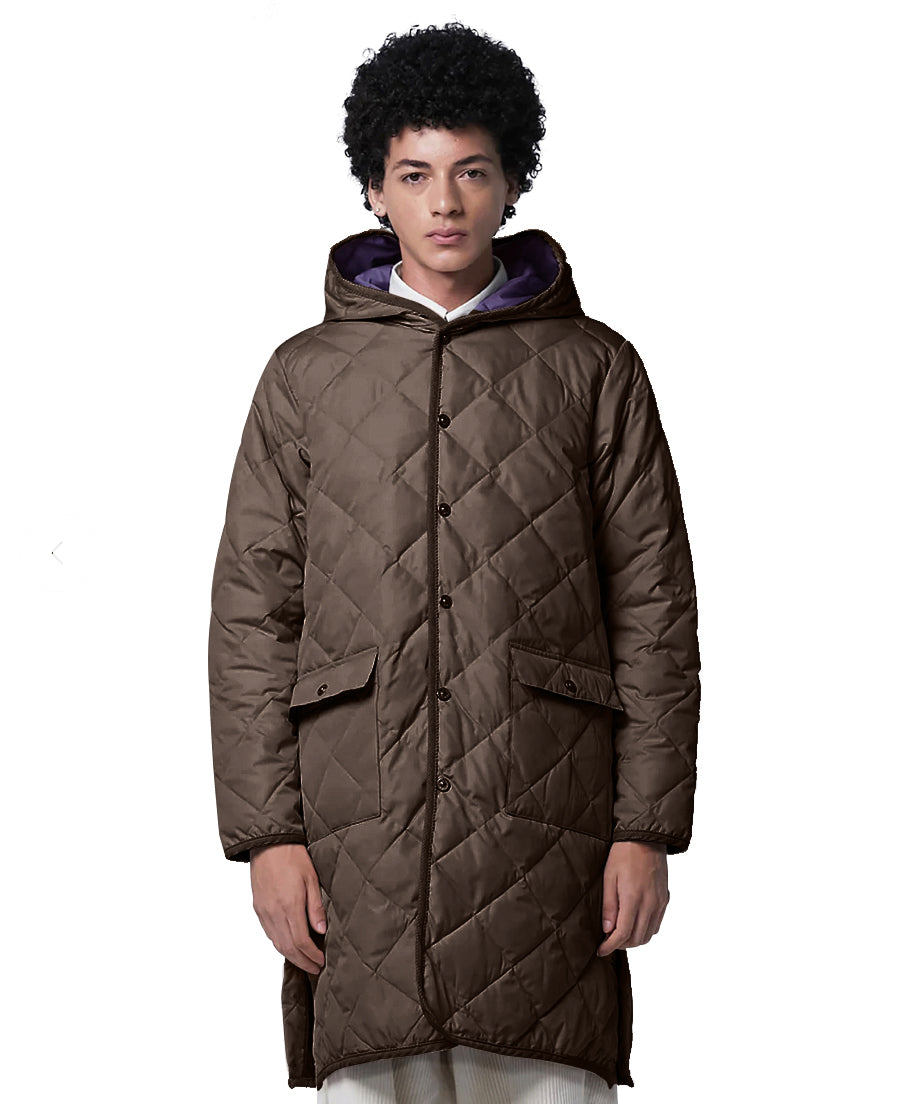 PIPING HOOD LONG DOWN COAT - DH BROWN