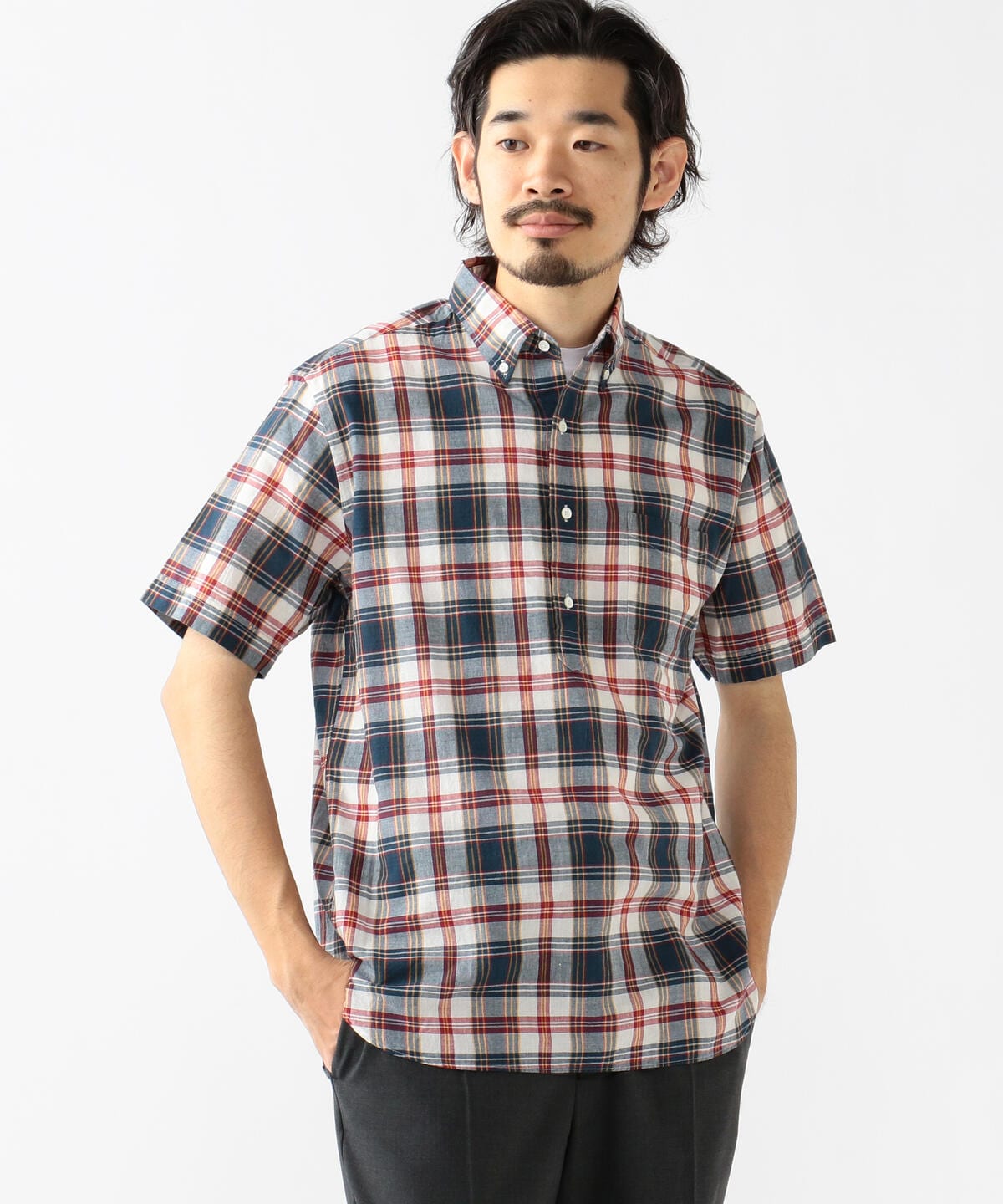 BEAMS PLUS BD SHORT SLEEVE MADRAS CHECK PULLOVER OXFORD - NAVY